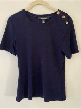 White House Black Market Navy Short Sleeve Tee with Gold Accent Buttons